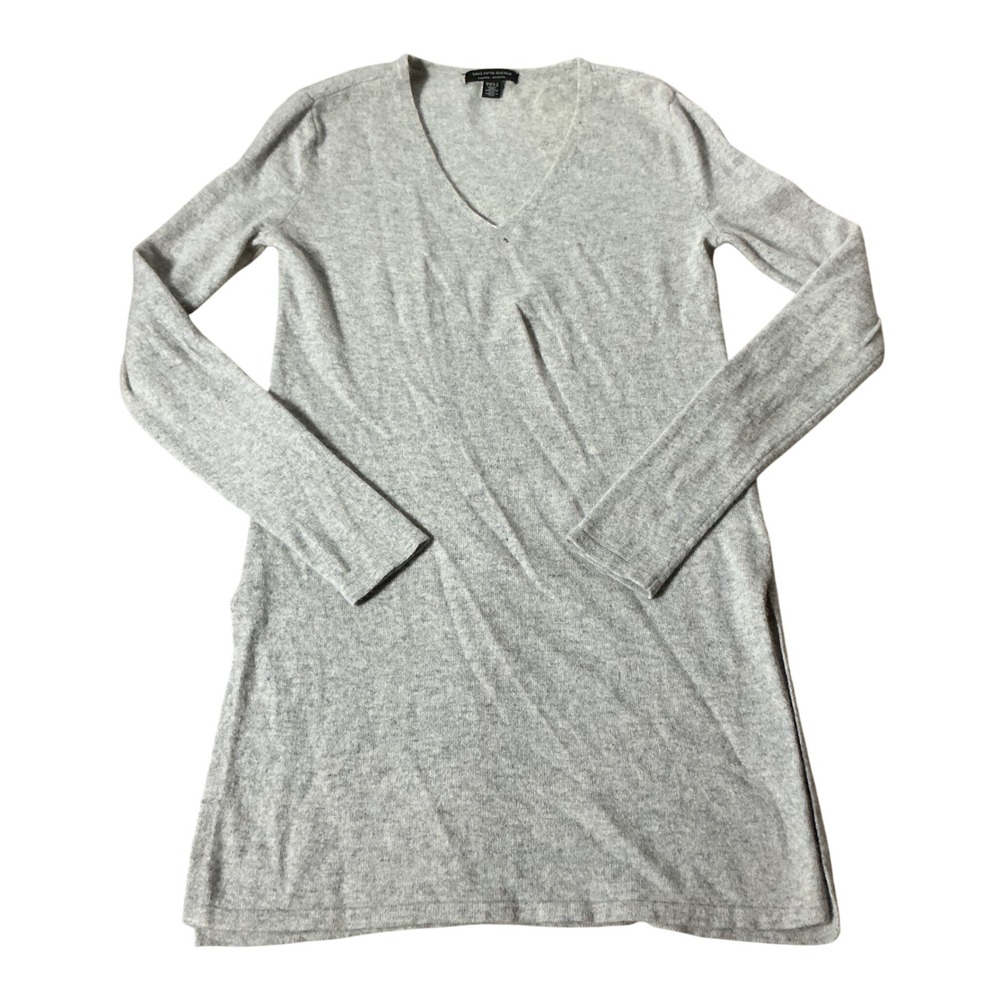 Saks Fifth Avenue Cashmere Tunic Sweater Womens S Gray V-Neck Long Sleeve Slit